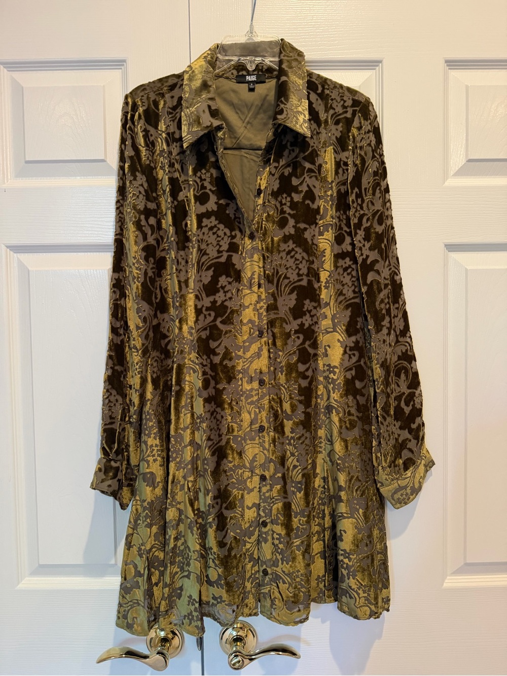 PAIGE Olive Green Gold Burnout Velvet Damask Shirt Dress Button Front 8